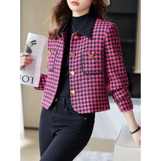 Buttoned Houndstooth Pockets Split-Joint Long Sleeves Plus Size Lapel Outerwear