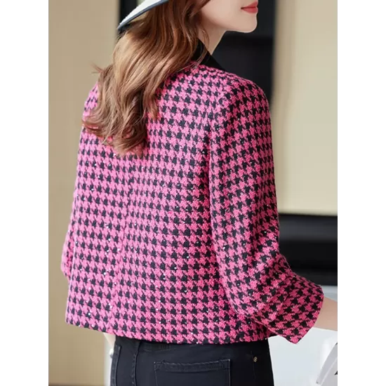 Buttoned Houndstooth Pockets Split-Joint Long Sleeves Plus Size Lapel Outerwear