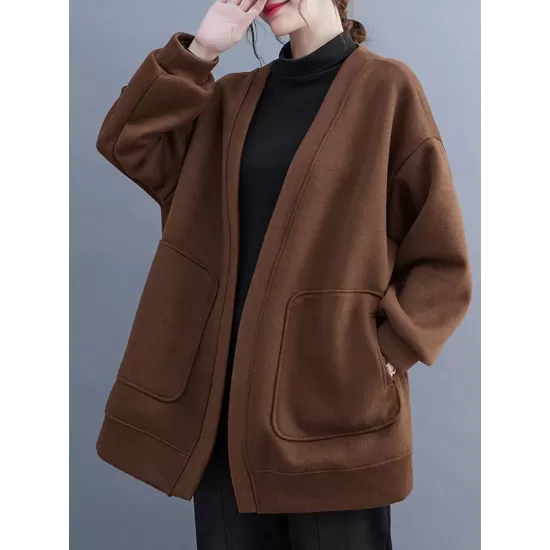 Pockets Solid Color Long Sleeves Loose Collarless Outerwear