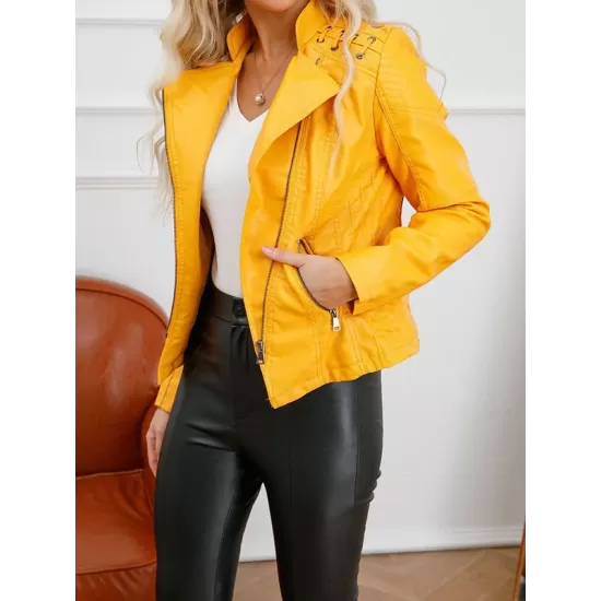 Split-Joint Zipper Long Sleeves Mock Neck Outerwear PU Jackets