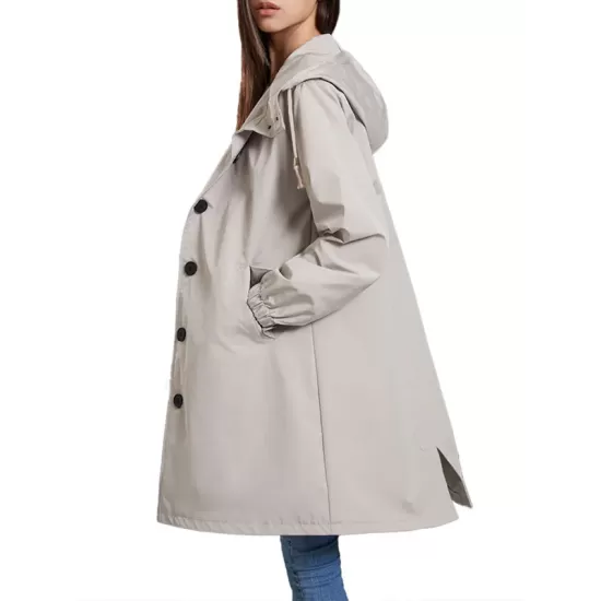 Buttoned Drawstring Elasticity Hooded Pockets Split-Back Waterproof Long Sleeves Loose High-Neck Trench Coats