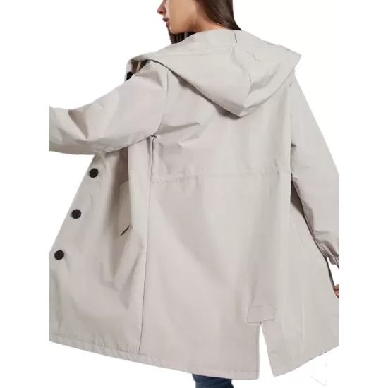 Buttoned Drawstring Elasticity Hooded Pockets Split-Back Waterproof Long Sleeves Loose High-Neck Trench Coats