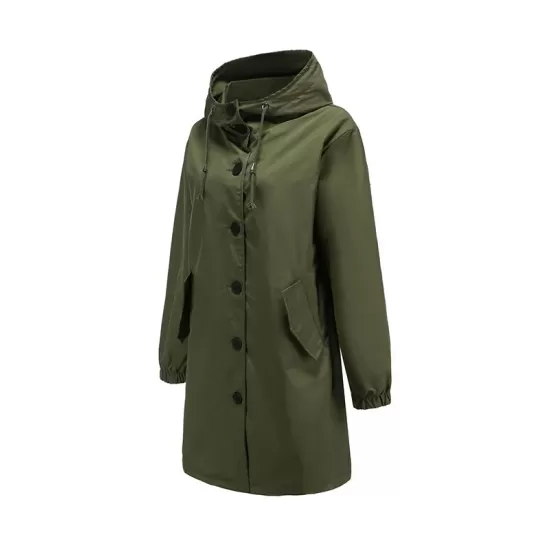 Buttoned Drawstring Elasticity Hooded Pockets Split-Back Waterproof Long Sleeves Loose High-Neck Trench Coats