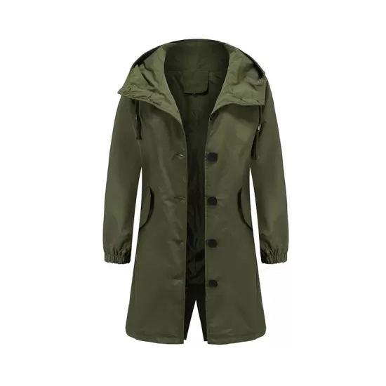 Buttoned Drawstring Elasticity Hooded Pockets Split-Back Waterproof Long Sleeves Loose High-Neck Trench Coats