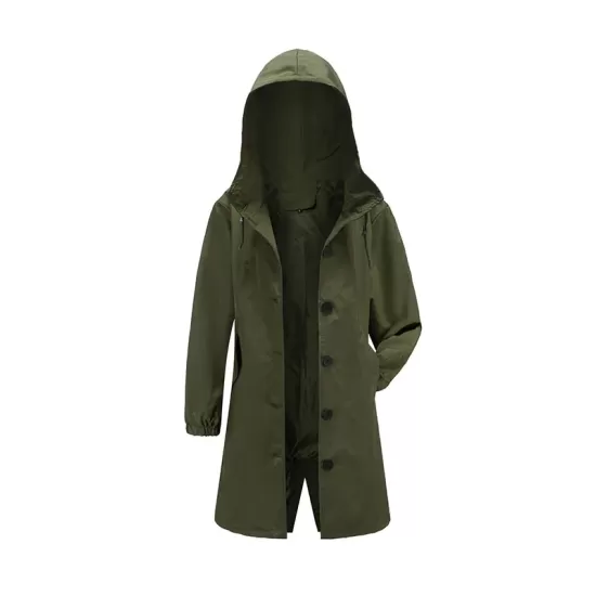 Buttoned Drawstring Elasticity Hooded Pockets Split-Back Waterproof Long Sleeves Loose High-Neck Trench Coats