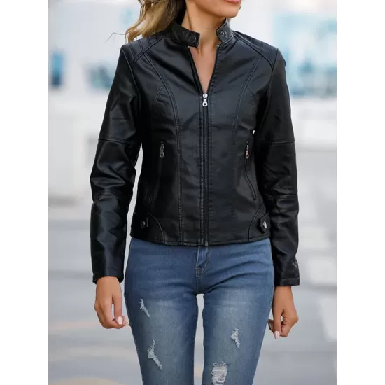 Buttoned Pockets Zipper Long Sleeves Plus Size Stand Collar Outerwear Jackets