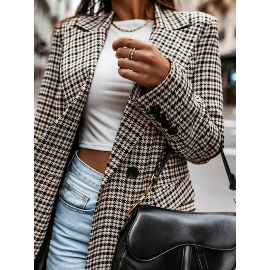 Buttoned Houndstooth Long Sleeves Loose Notched Collar Outerwear Blazer