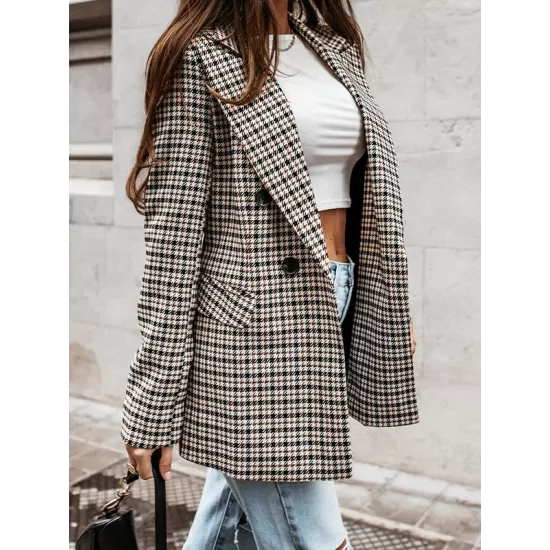 Buttoned Houndstooth Long Sleeves Loose Notched Collar Outerwear Blazer