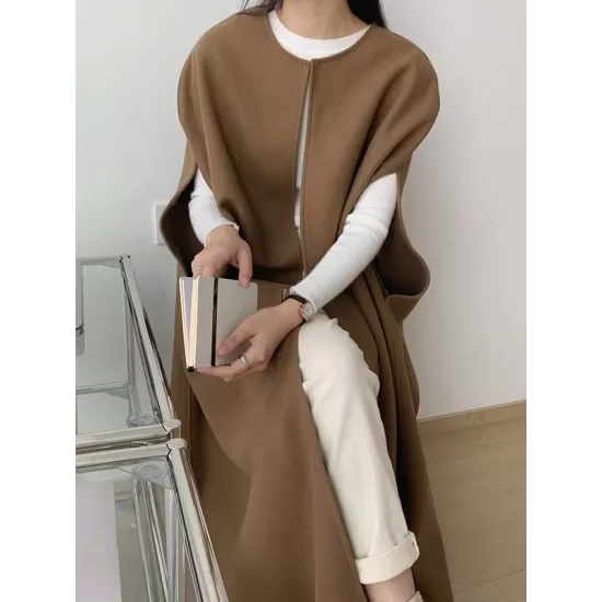 Solid Color Loose Sleeveless Round-Neck Outerwear Cape