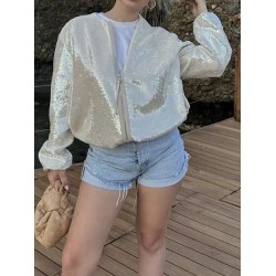 Sequined Zipper Loose Puff Sleeves Round-Neck Outerwear Jackets