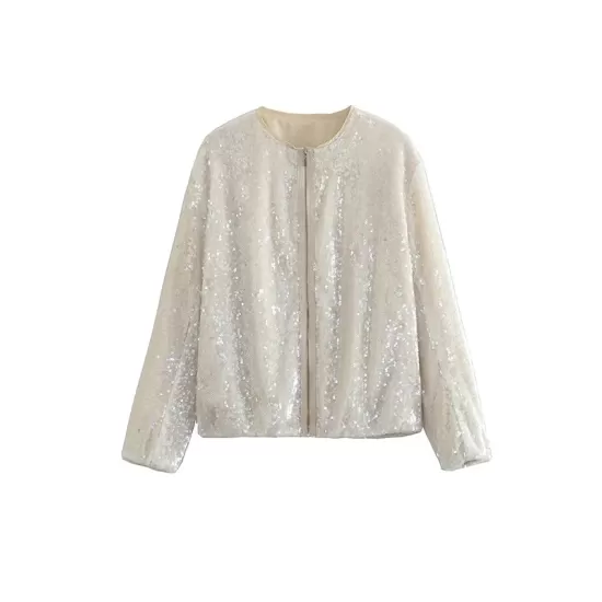 Sequined Zipper Loose Puff Sleeves Round-Neck Outerwear Jackets