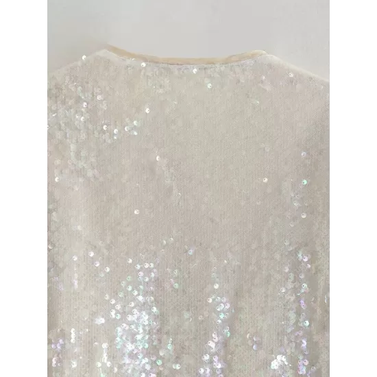 Sequined Zipper Loose Puff Sleeves Round-Neck Outerwear Jackets