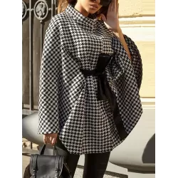 Houndstooth Tied Waist Batwing Sleeves Long Sleeves Stand Collar Outerwear Cape