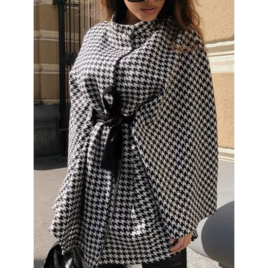 Houndstooth Tied Waist Batwing Sleeves Long Sleeves Stand Collar Outerwear Cape