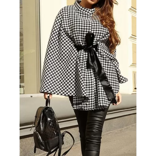 Houndstooth Tied Waist Batwing Sleeves Long Sleeves Stand Collar Outerwear Cape