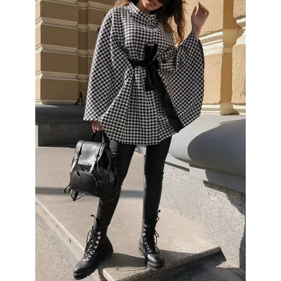 Houndstooth Tied Waist Batwing Sleeves Long Sleeves Stand Collar Outerwear Cape