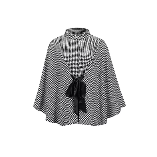 Houndstooth Tied Waist Batwing Sleeves Long Sleeves Stand Collar Outerwear Cape