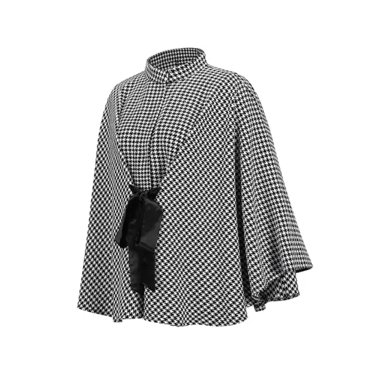 Houndstooth Tied Waist Batwing Sleeves Long Sleeves Stand Collar Outerwear Cape