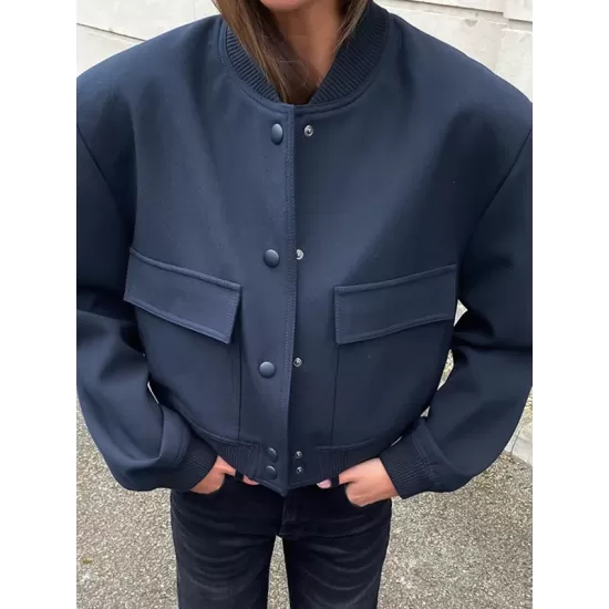 Buttoned Pockets Solid Color Long Sleeves Loose Round-Neck Outerwear Jackets