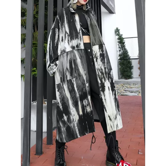 Long Sleeves Loose Drawstring Split-Joint Zipper Round-Neck Trench Coats