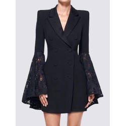 Asymmetric Buttoned Solid Color Split-Joint Flared Sleeves Long Sleeves Notched Collar Outerwear Blazer