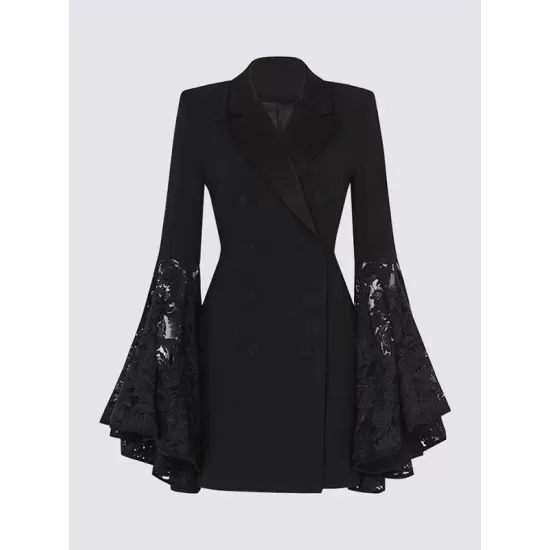 Asymmetric Buttoned Solid Color Split-Joint Flared Sleeves Long Sleeves Notched Collar Outerwear Blazer