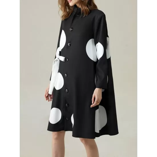 Long Sleeves Loose Asymmetric Buttoned Polka-Dot Tied Mock Neck Jackets&Coats Midi Dresses Outerwear