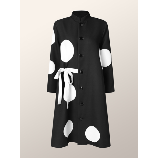 Long Sleeves Loose Asymmetric Buttoned Polka-Dot Tied Mock Neck Jackets&Coats Midi Dresses Outerwear