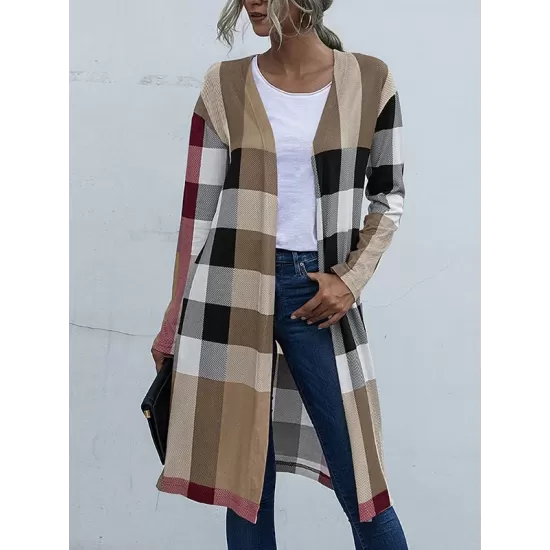 Plaid Long Sleeves Loose Collarless Outerwear