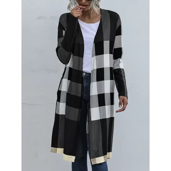 Plaid Long Sleeves Loose Collarless Outerwear