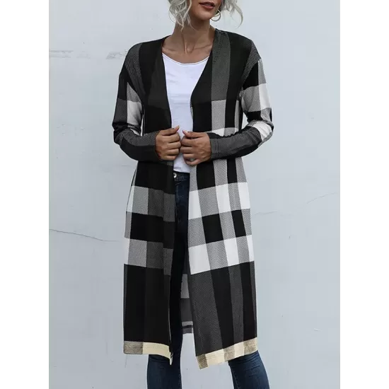 Plaid Long Sleeves Loose Collarless Outerwear