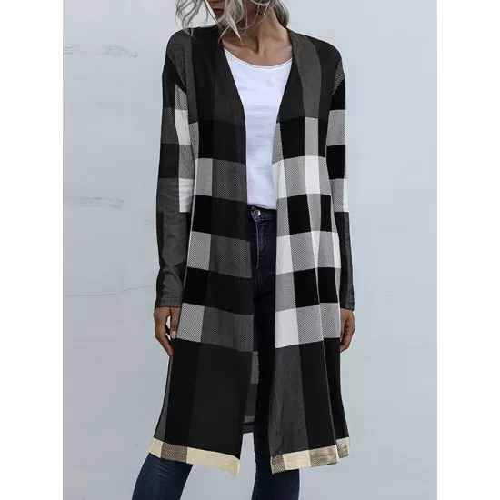 Plaid Long Sleeves Loose Collarless Outerwear