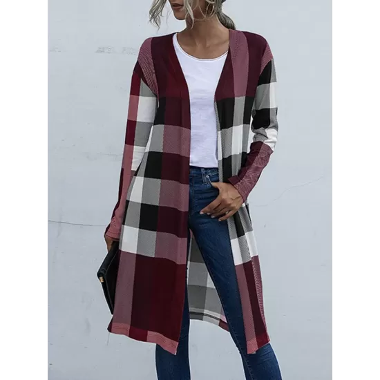 Plaid Long Sleeves Loose Collarless Outerwear