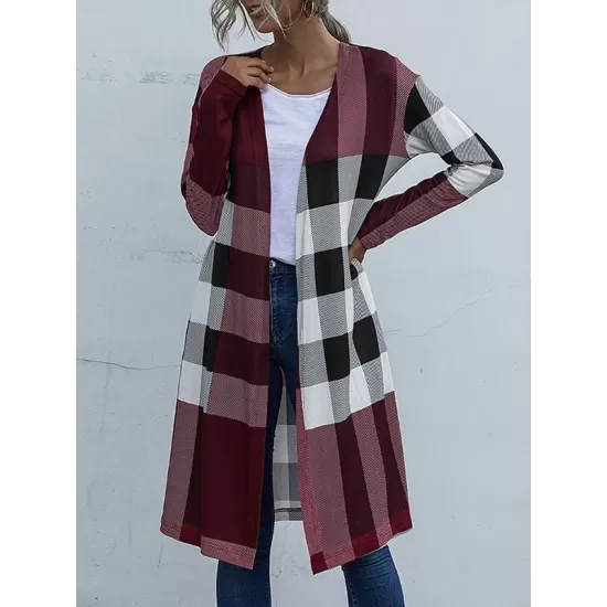 Plaid Long Sleeves Loose Collarless Outerwear