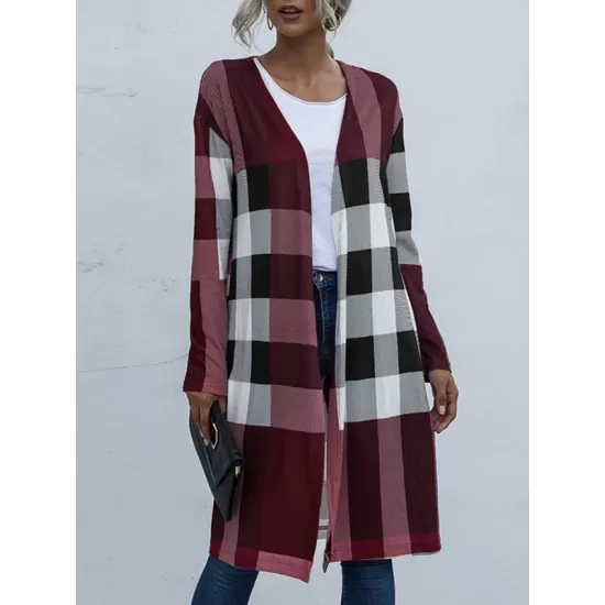 Plaid Long Sleeves Loose Collarless Outerwear