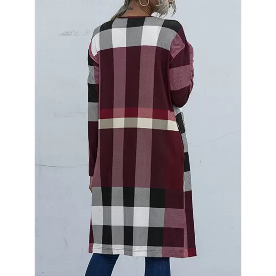 Plaid Long Sleeves Loose Collarless Outerwear