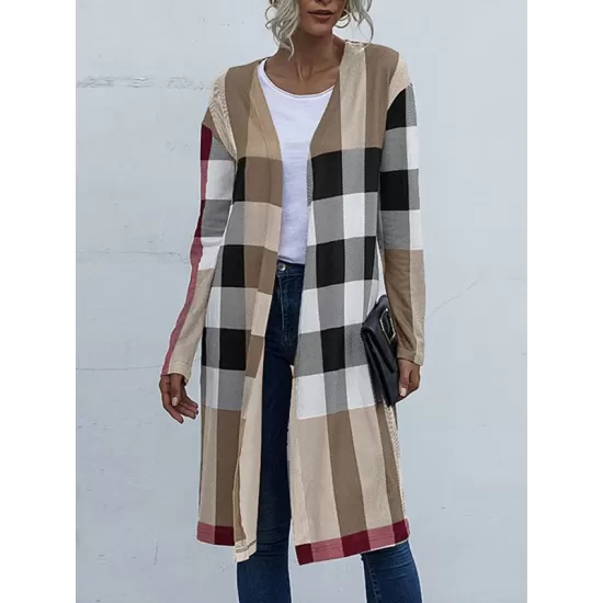 Plaid Long Sleeves Loose Collarless Outerwear