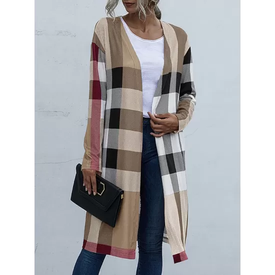 Plaid Long Sleeves Loose Collarless Outerwear