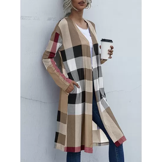 Plaid Long Sleeves Loose Collarless Outerwear