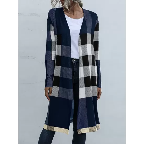 Plaid Long Sleeves Loose Collarless Outerwear