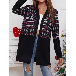 Animal Printed Knitted Flower Long Sleeves Loose Collarless Outerwear