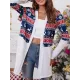 Animal Printed Knitted Flower Long Sleeves Loose Collarless Outerwear