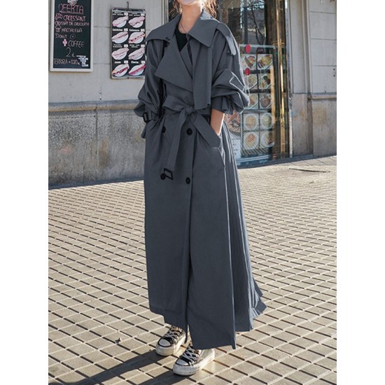 Buckle Buttoned Split-Back Tied Waist Long Sleeves Loose Lapel Trench Coats Outerwear