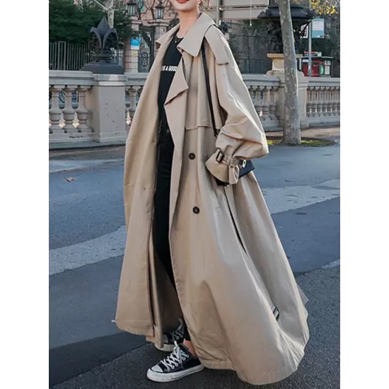 Buckle Buttoned Split-Back Tied Waist Long Sleeves Loose Lapel Trench Coats Outerwear