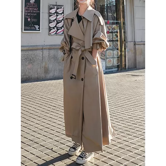 Buckle Buttoned Split-Back Tied Waist Long Sleeves Loose Lapel Trench Coats Outerwear