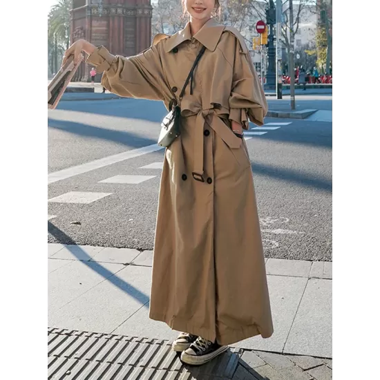 Buckle Buttoned Split-Back Tied Waist Long Sleeves Loose Lapel Trench Coats Outerwear