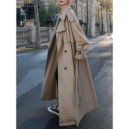 Buckle Buttoned Split-Back Tied Waist Long Sleeves Loose Lapel Trench Coats Outerwear