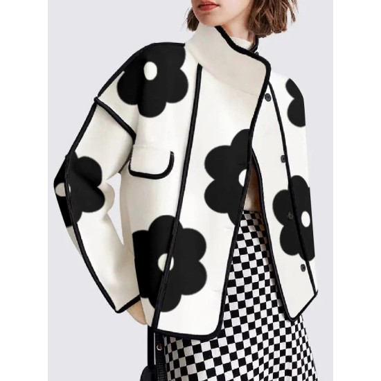 Long Sleeves Loose Contrast Color Flower Print Split-Joint Stand Collar Jackets Outerwear Woolen Coat