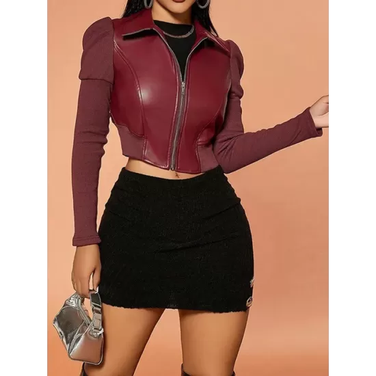 Elasticity Pleated Solid Color Split-Joint Zipper Long Sleeves Puff Sleeves Lapel PU Jackets