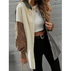 Buttoned Leopard Pockets Split-Joint Long Sleeves Loose Lapel Outerwear Jackets